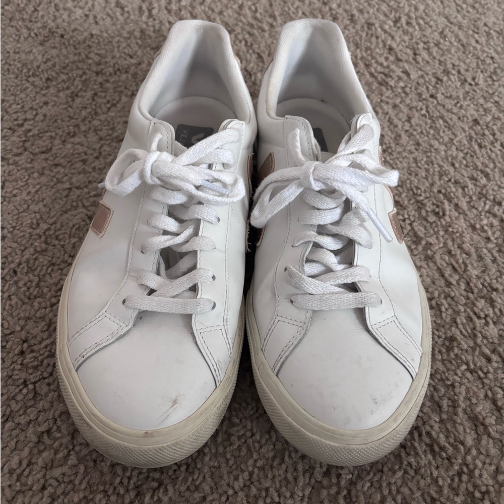 Worn Veja Women's White and Gold Sneakers - Picture 2 of 6